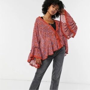 Free People Lola Wild Red Kimono Tassel Tie  Sz Small Relaxed Fit NWT Ret $98